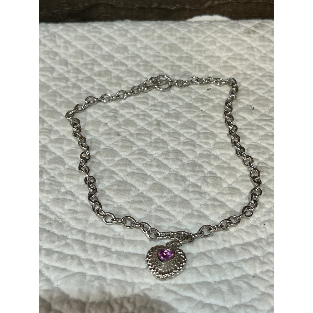 17"Rolo Link Toggle Necklace Signed DL 925 Pink Tourmaline Filigree Heart Charm